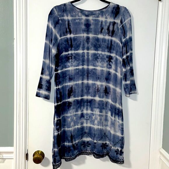 Alya Kayla stretch tie dye dress with embroidery in blue & white M - Picture 1 of 8